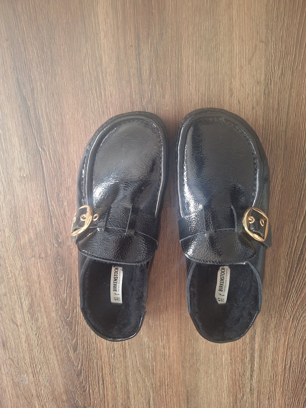 Birkenstock Womens Black Patent Slip-On Loafers with Gold Buckle Size 8 To 8.5